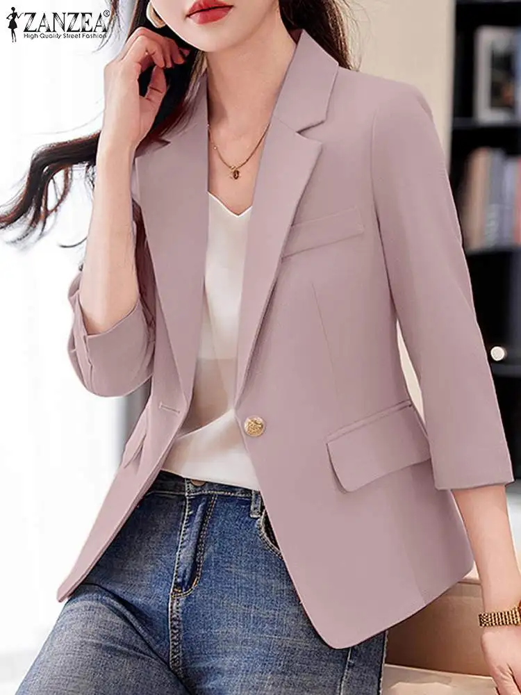 Fashion Work Suits Jackets ZANZEA Elegant Women Lapel Neck 3/4 Sleeve Blazer Autumn Casual Office Lady Thin Coats Solid Outwear