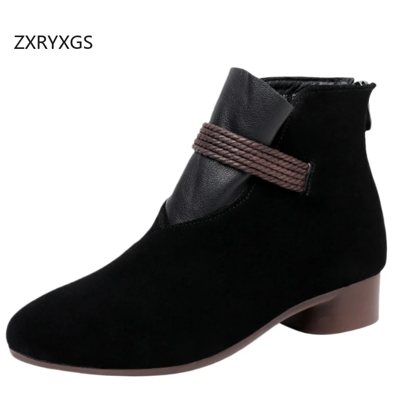 

ZXRYXGS Premium Matte Cowhide Women Ankle Boots 2025 Large Size Pointed Low Heel Comfortable Elegant Boots Autumn Winter Boots