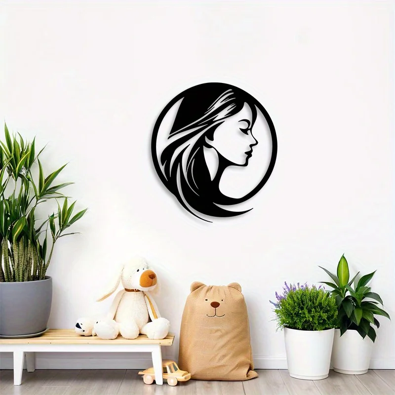 Elegant Woman Profile Iron Wall Art Flowing Hair Silhouette Metal Plaque 2D Flat Decor Bedroom Living Room Beauty Salon Gift