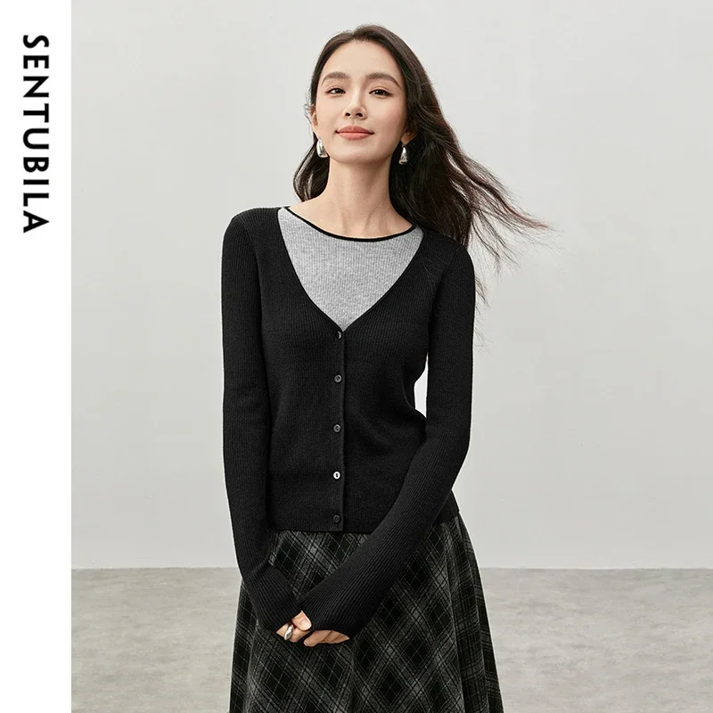 

SENTUBILA Patchwork Spliced Sweater Women 2025 Autumn Fashion O Neck Slim Fit Long Sleeve Casual Pullovers Knitwear W43H57563