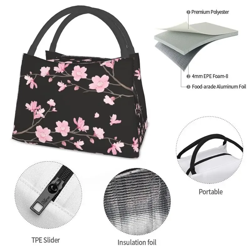 Sac fourre-tout isotherme sans fleur pour femme, boîte à lunch isotherme portable, boîte à lunch de voyage, Sakura