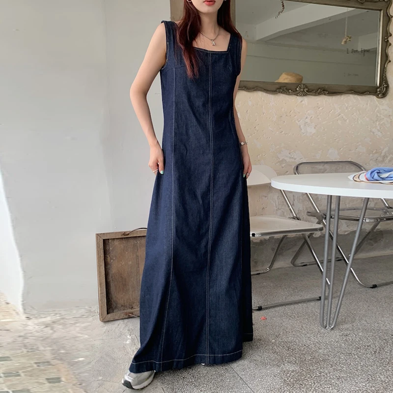 Retro Quadrat Kragen Slim Fit Weste Design Sommer Chic Denim Dr frauen Hohe Taille Langen Rock Sle Svel Koreanische faion