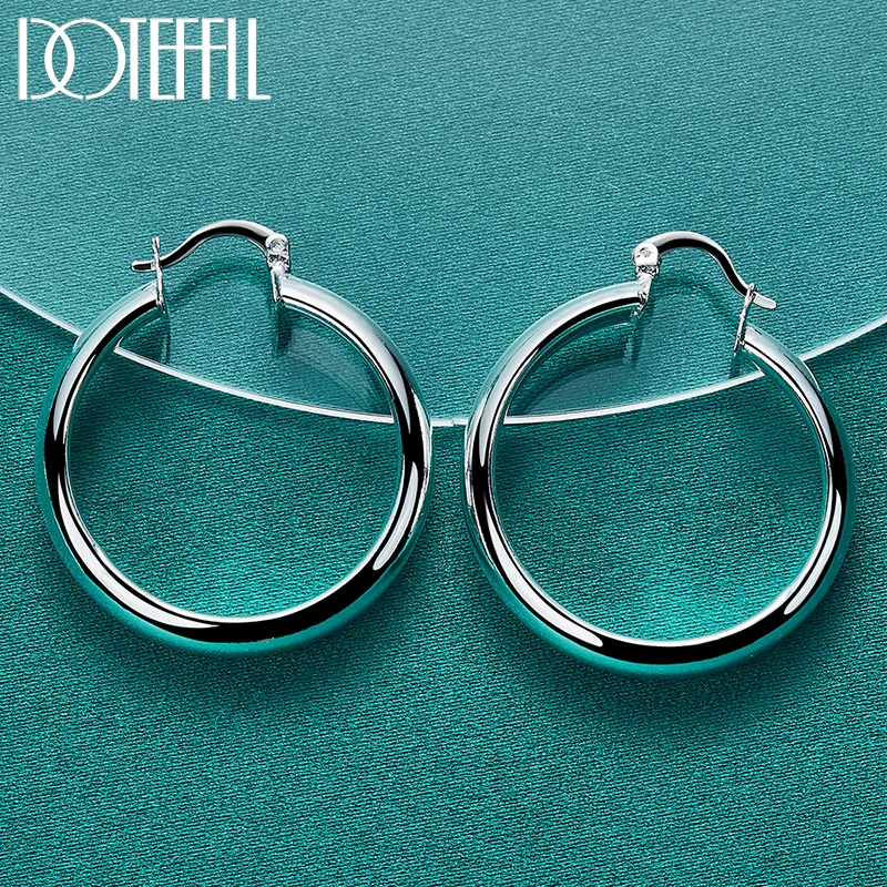 DOTEFFIL 925 Sterling Silver 35mm Circle Smooth Hoop Earring For Woman Lady Best Gift Fashion Charm Engagement Wedding Jewelry