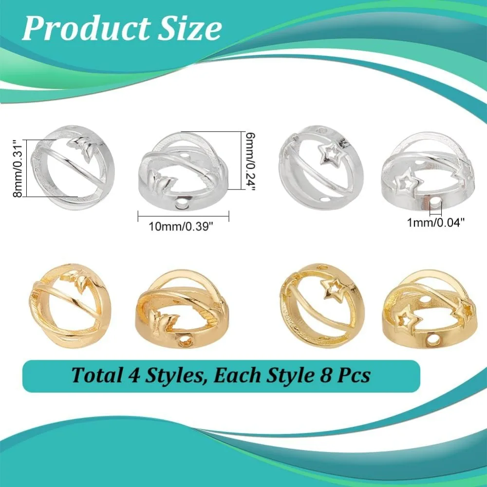 32 Pcs 2 Styles Brass Bead Frame, Double Hole Round Bead Frames Round Ring with Butterfly and Star for DIY Craft Earring