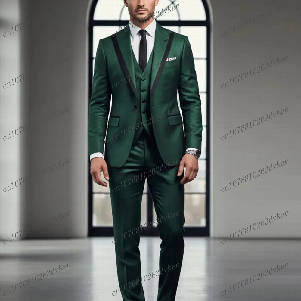 

Black Collar Dark Green Formal Men Suit Wedding Party Groom Groomsman Prom Business Male Tuxedos 3 Piece Set Jacket Vest Pants