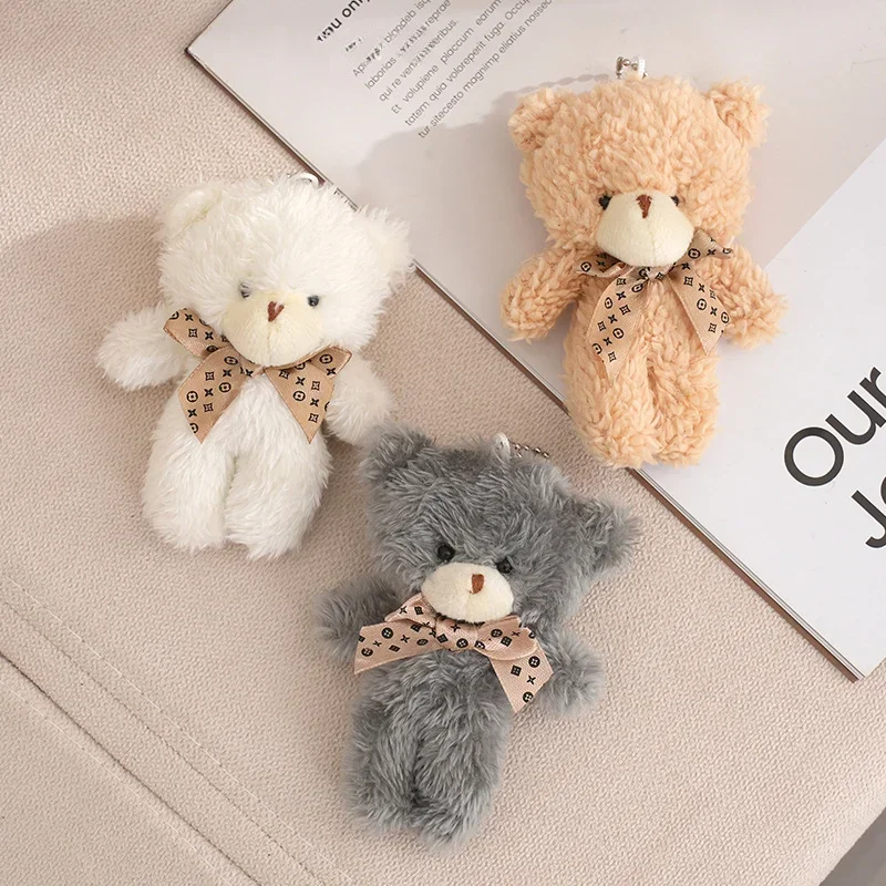 12cm Cute Cartoon Bear Plush Doll Toy Mini Bow Tie Bear Stuffed Animal Toy Kawaii Plush Keychain Bag Pendant Children