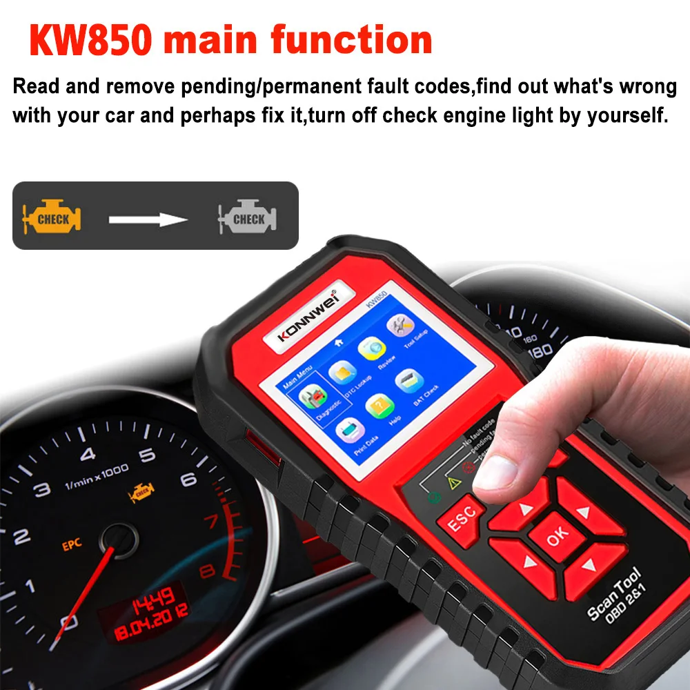 2026 KONNWEI KW850 Professional OBD2 Scanner Full System Car Diagnostic Tool Engine System Read Erase Codes Battery Voltage Test