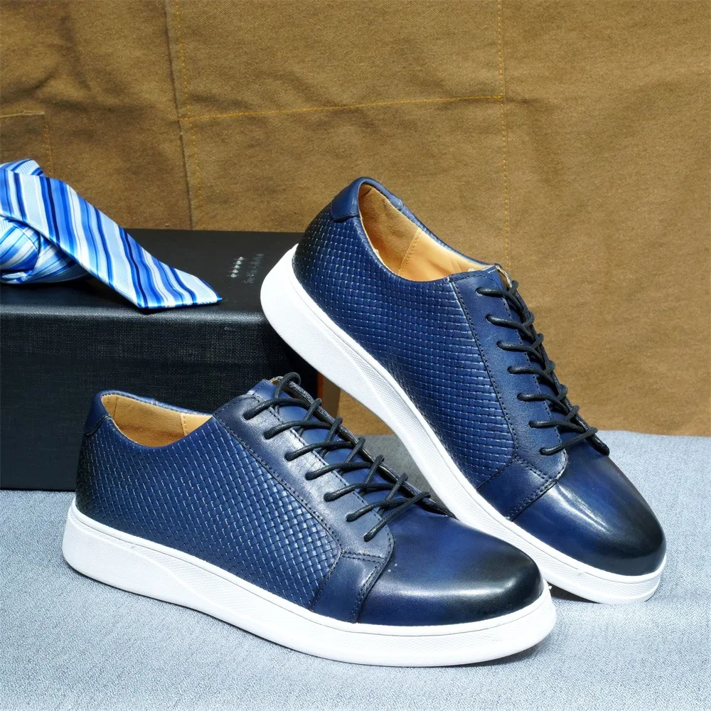 

Cow leather men plaid leisure shoes thick flat sole walking sneaker