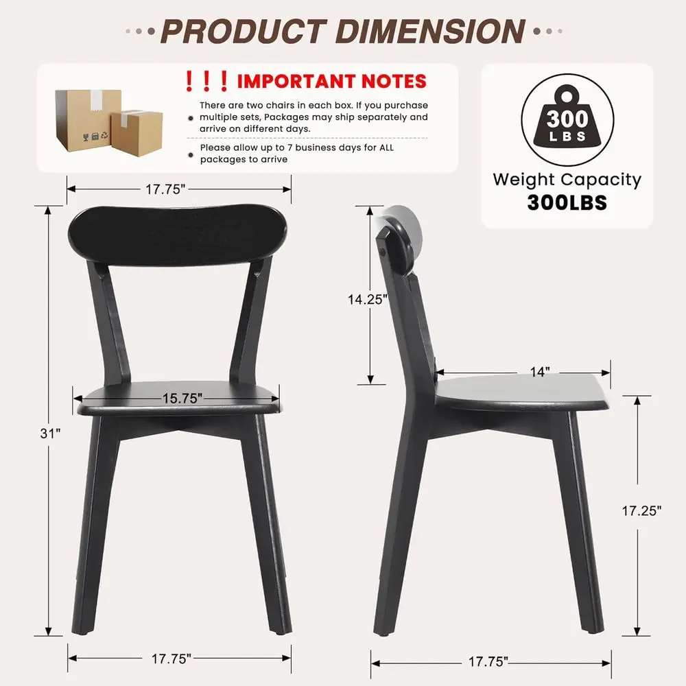 Solid Wood Dining Chairs Set of 4, Modern Curved Back Design, Supports 300 LBS, Black or Natural Finish