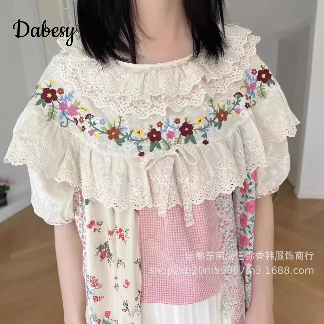 Vintage Embroidery Lace Ruffled lolita clothing Women Mori Girl Patchwork Flower Shirt Sweet Puff Sleeve Kawaii Cotton Linen Top