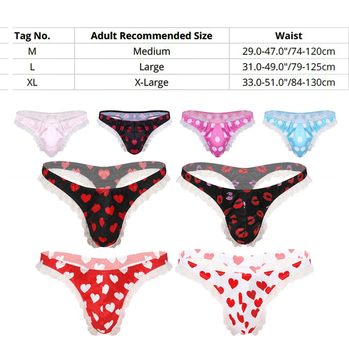 Mens Sissy Lingerie Sexy Shiny Satin Low Rise G String Micro Thong Lace Slip Polka Dots T-back Bikini Panty Briefs Underwear