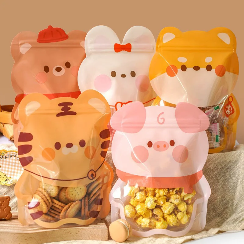 10Pcs Christmas Gift Bags Cartoon Animal Cookies Candy Sweets Bags Zip Lock Stand Up Bag Children\'s Birthday Party Decor Pouches