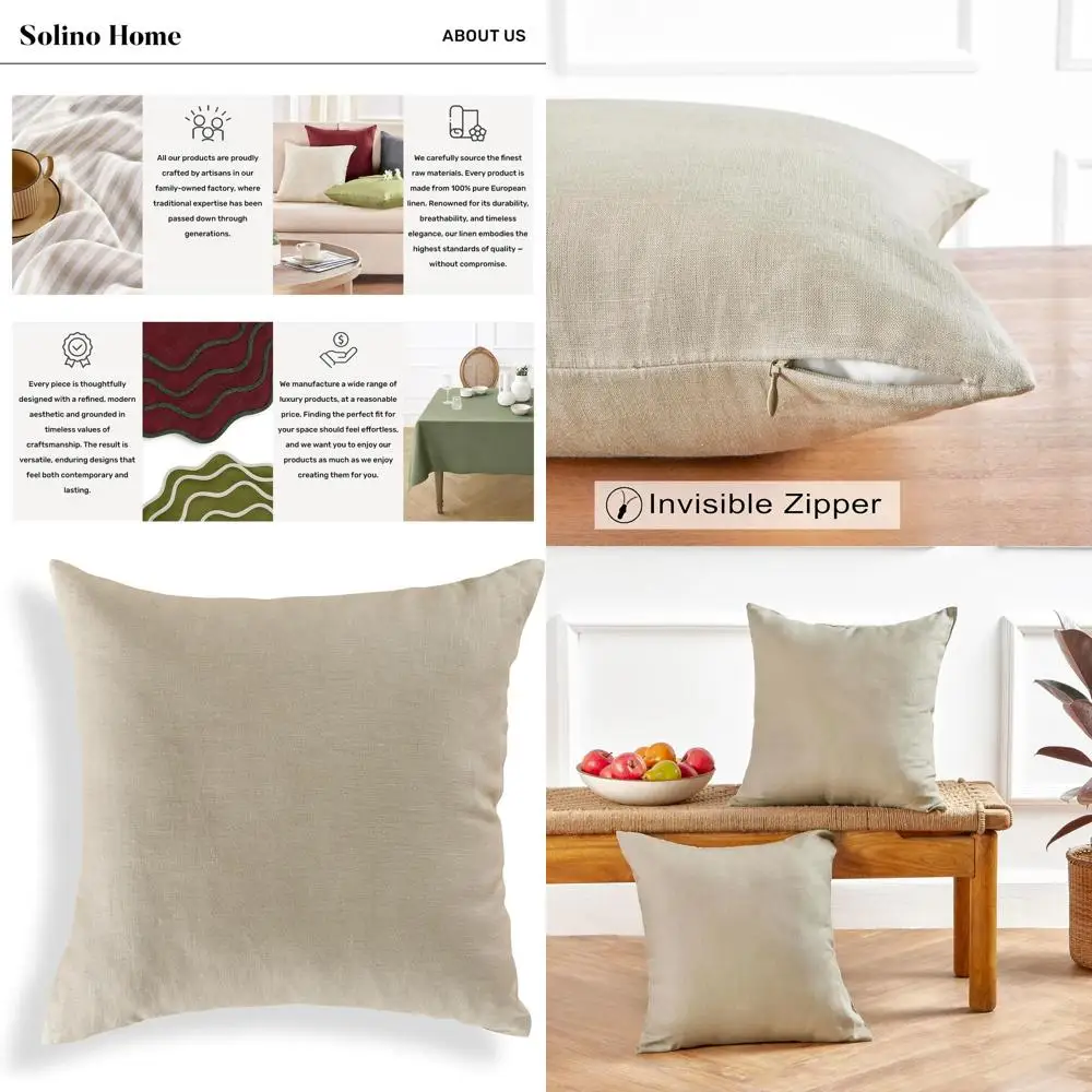 

Винтажная наволочка из 100% льна цвета хаки, 20x20 дюймов, с невидимой молнией - в стиле Монтоук, подходит для дивана, кровати, гостиной