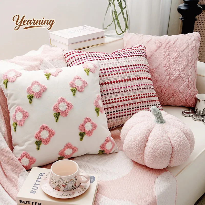 

Pink Flower Adorable Style Pillow with Core French Cream Pumpkin Living Room Decor Sofa Headrest Waist Pillow Backrest