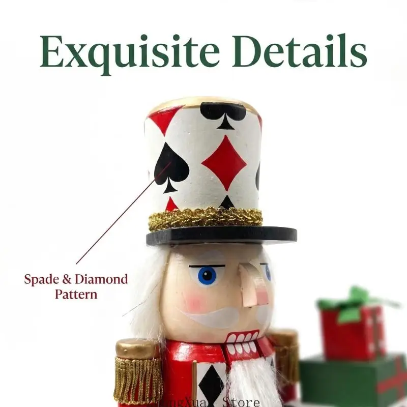 Tisch-Weihnachtsdekoration, Nussknacker-Statue mit Spielkartenanzug, bemalte hölzerne Soldatenfigur, flache Basis für 3 x – Detail 5