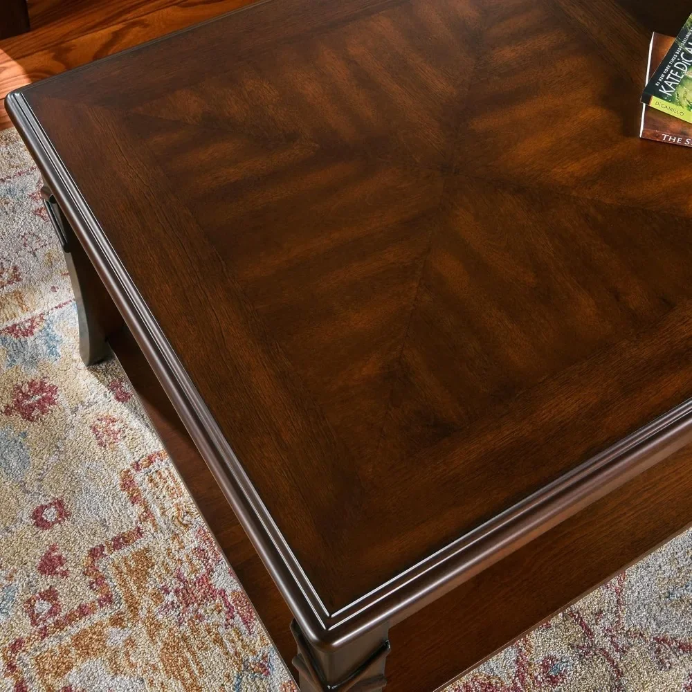 Solid Wood Coffee Table with Shelf, Vintage Rectangle Cocktail Table with Dual Hourglass Tabletop with Curved Legs