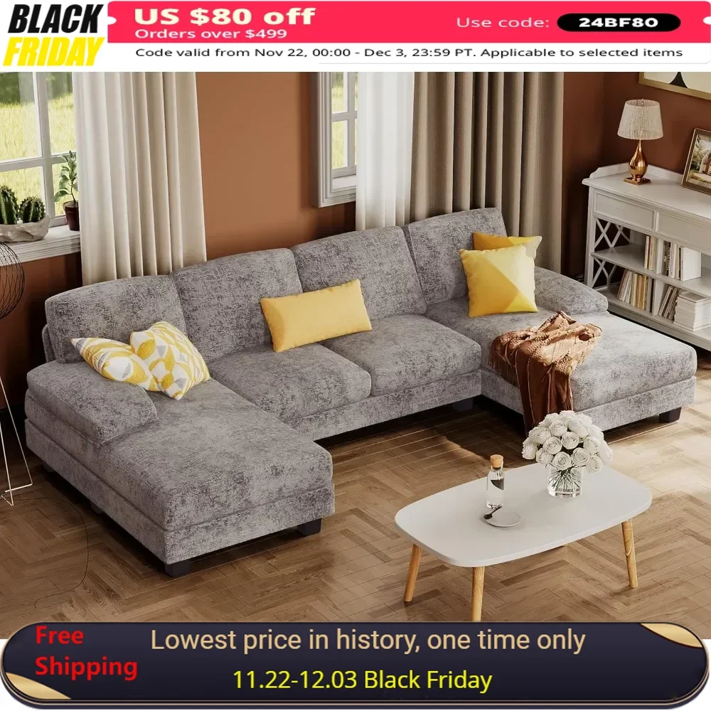 Sectional Couches for Living Room U-Shaped Sofa Couch with Linen Fabric 4 Seat Sofa Set with Double Chaise Sectional Sofa