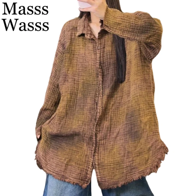 

Masss Wasss 2026 British Fashion Casual Long Sleeve Tops Females Spring Cotton Linen Shirts Womens Loose Classic Tie Dye Blouses