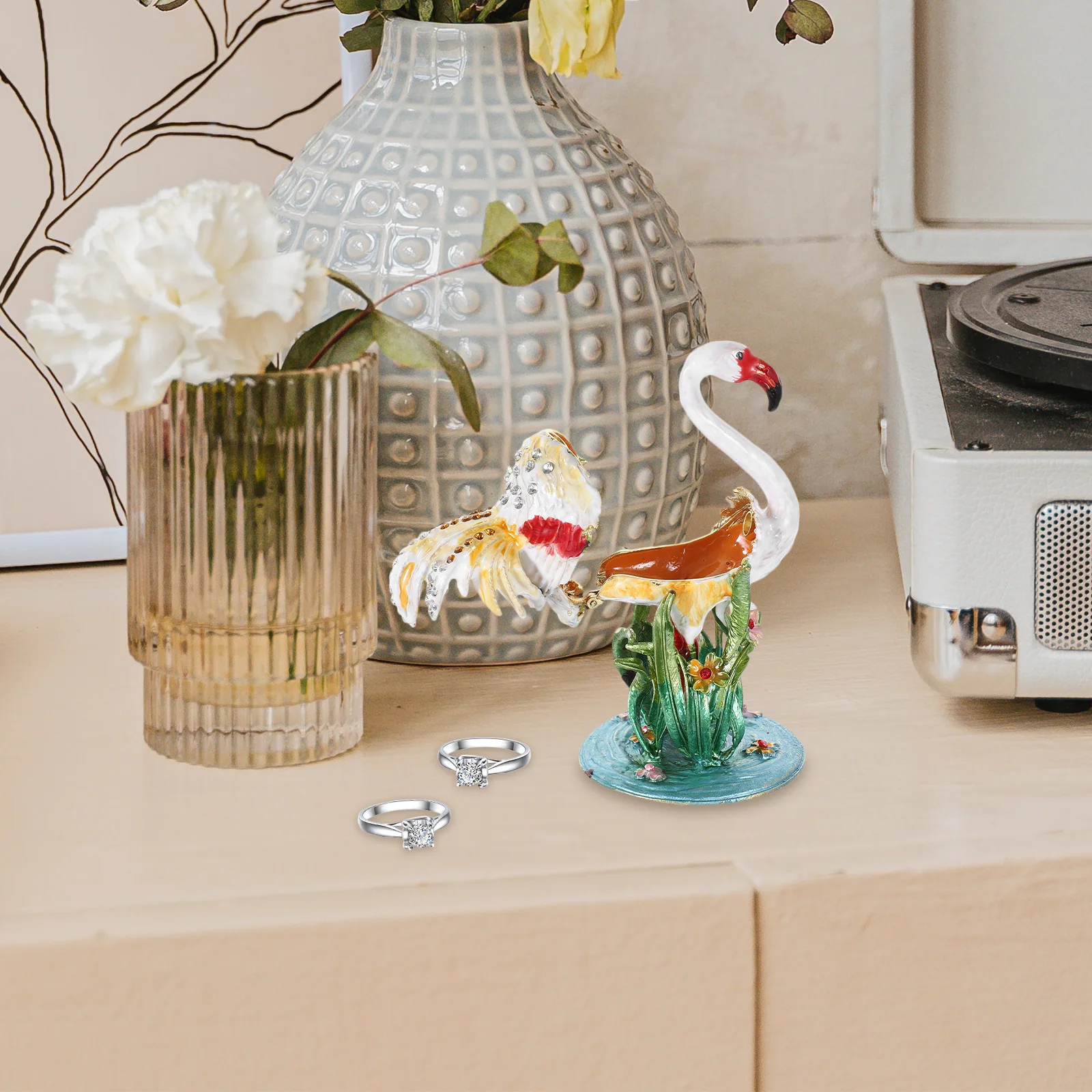 Flamingo Jewelry Box White Mini Trinket Storage Display Case For Ring Necklace Earrings Organizer Decorative Home Desk