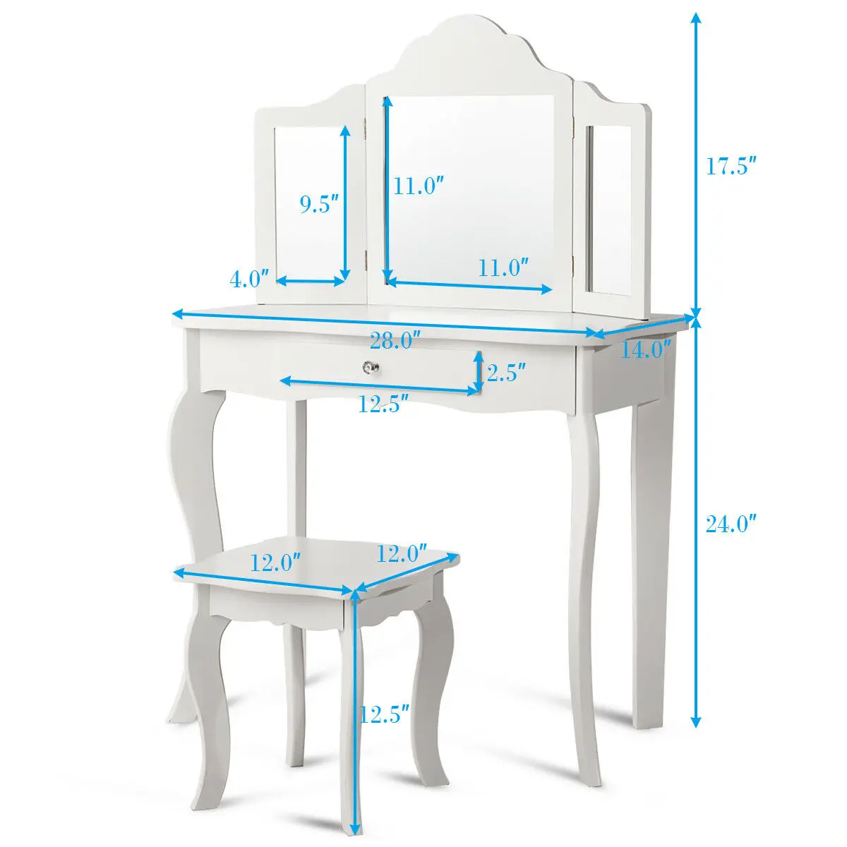 Vanity Table Set Makeup Dressing Table Kids Girls Stool Mirror