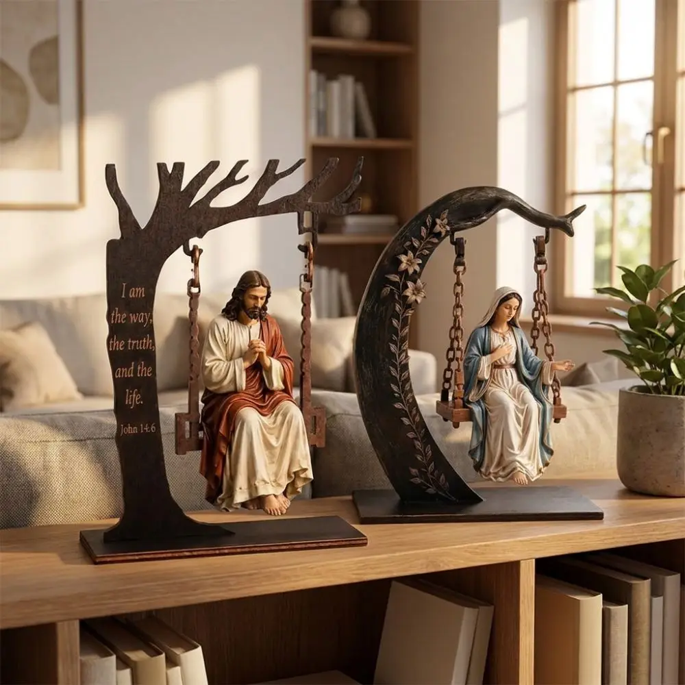 Vintage Wooden Jesus Swing Ornament Religious Verse Engraved Virgin Mary Swing Sculpture Prayer‑Theme Inspirational