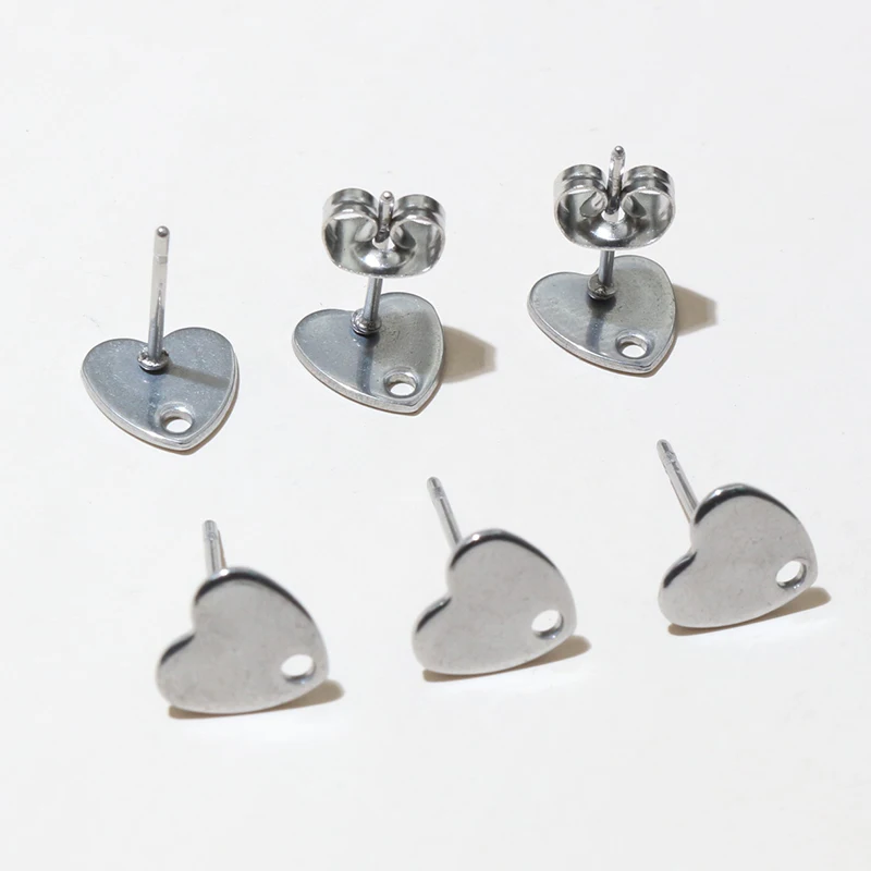 20pcs 8mm Heart 316 Stainless Steel Gold Plated Pin Findings Stud Earring With Hole Connector For DIY Jewelry Making Supplies