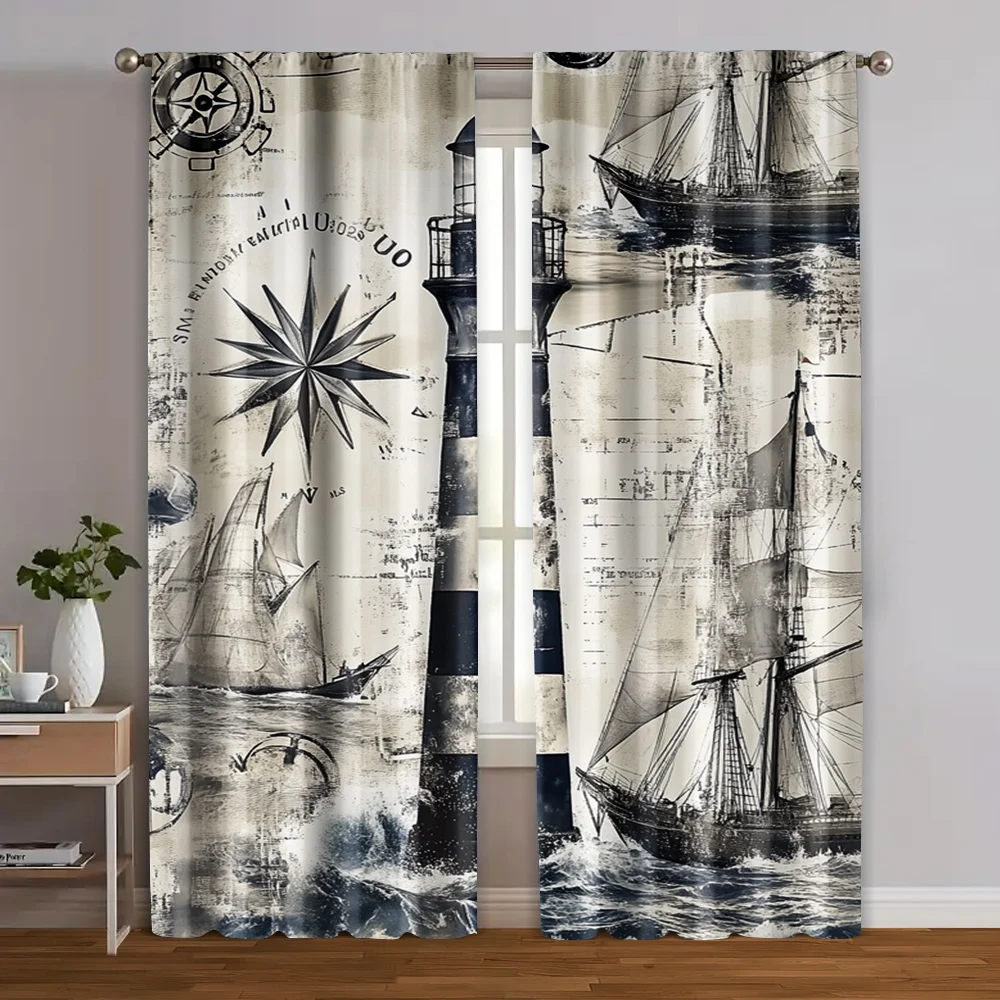 

2pcs, Curtains Roller Blinds Curtains&Drapes Ocean Sailboats Versatile Polyester Fabric (without rod) Decorations Outdoor Ldeal