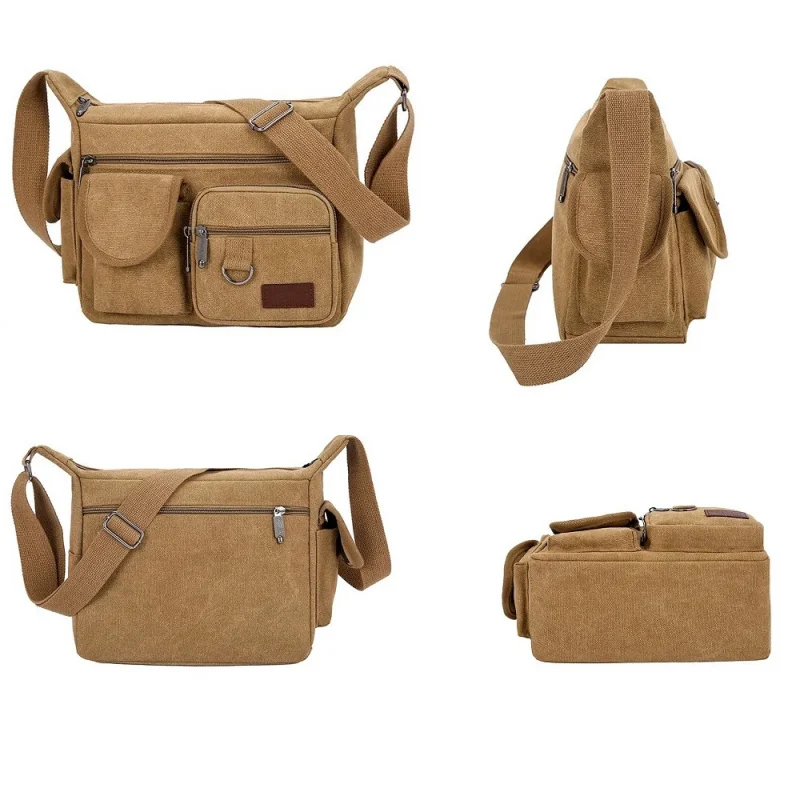 Men's Crossbody Bag Vintage Canvas Adjustable Straps Multiple Zipper Pockets Durable Outdoor Hiking Shoulder Pack