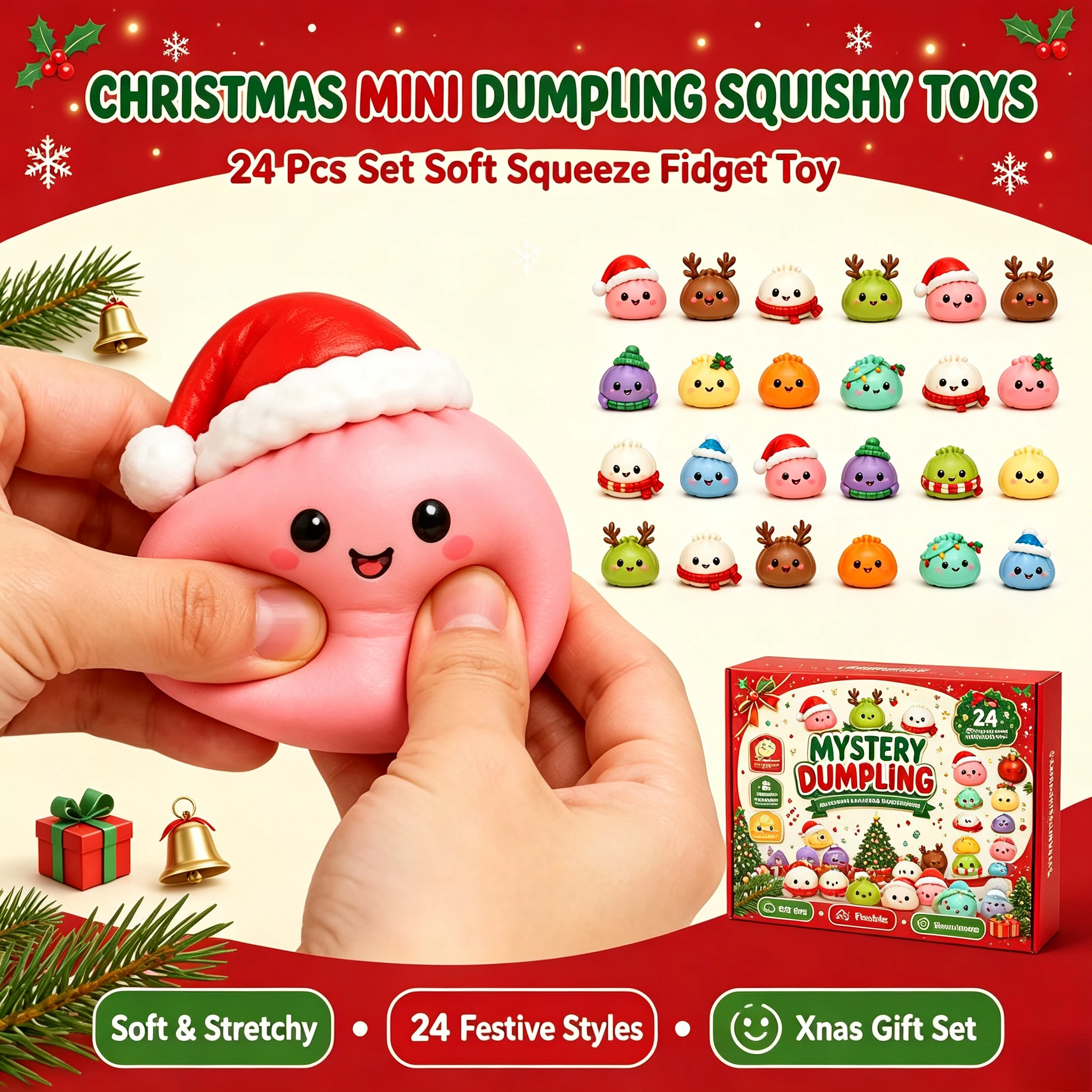 24 PCS Christmas Advent Calendar Cute Dumpling Squishy Toys Blind Box Stress Relief Squeeze Fidget Toy Christmas Surprise Gift