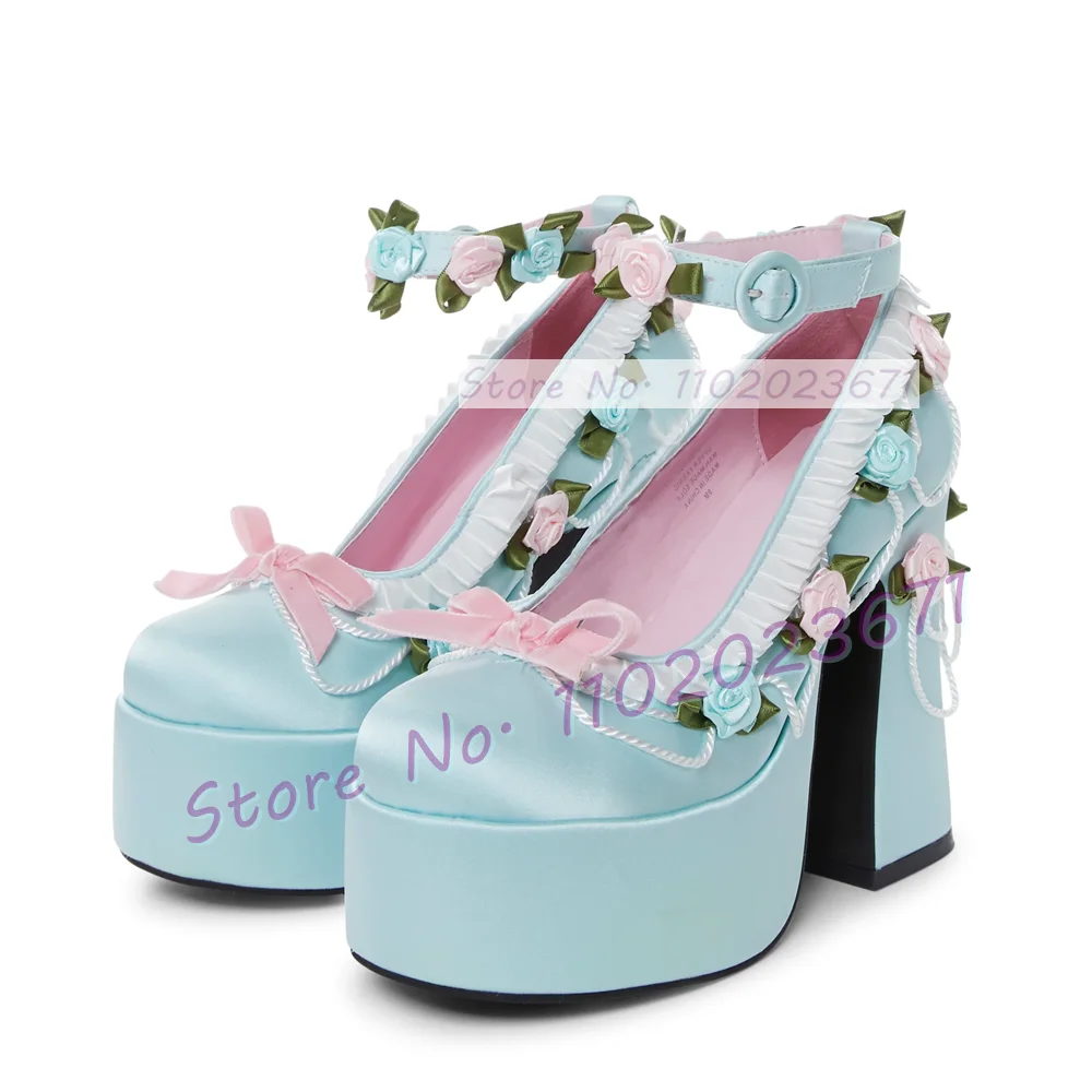 Blue Satin Rosette Decal Plaform Sandals Lovely Girls Pleated Trim Chunky High Heel Shoes Women Luxury Ankle Wrap Bow Sandals