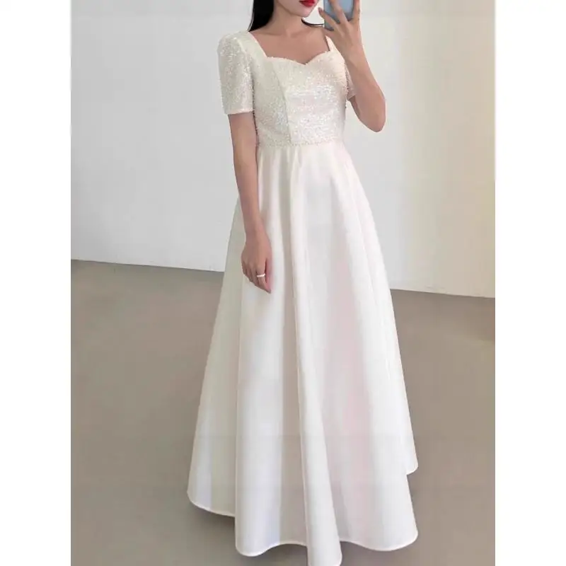 Vestido de casamento leve com lantejoulas de cetim, mangas curtas simples, certificado de noivado, vestido de noite personalizado