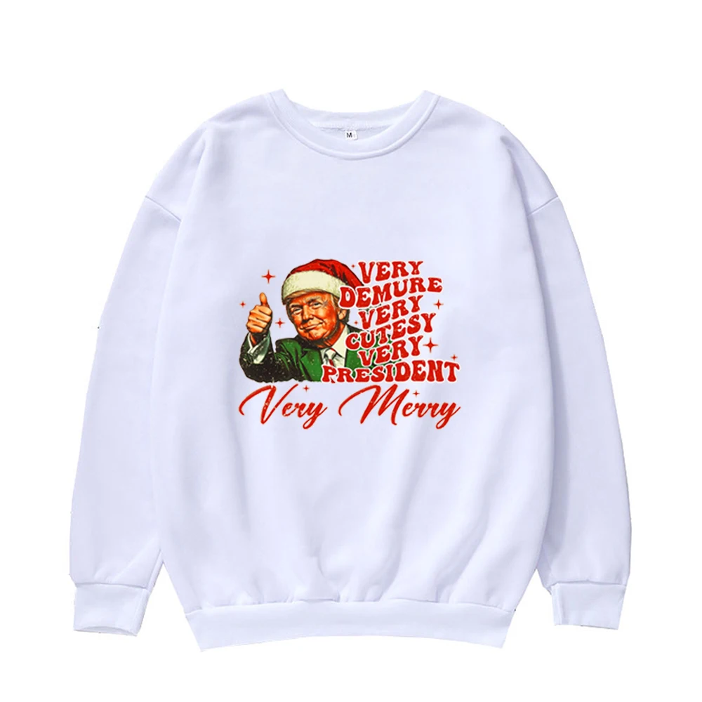 Trump very demure very cutesy very president very merry Sweatshirts Christmas costumes Cartoon Style Crew Neck Pullover