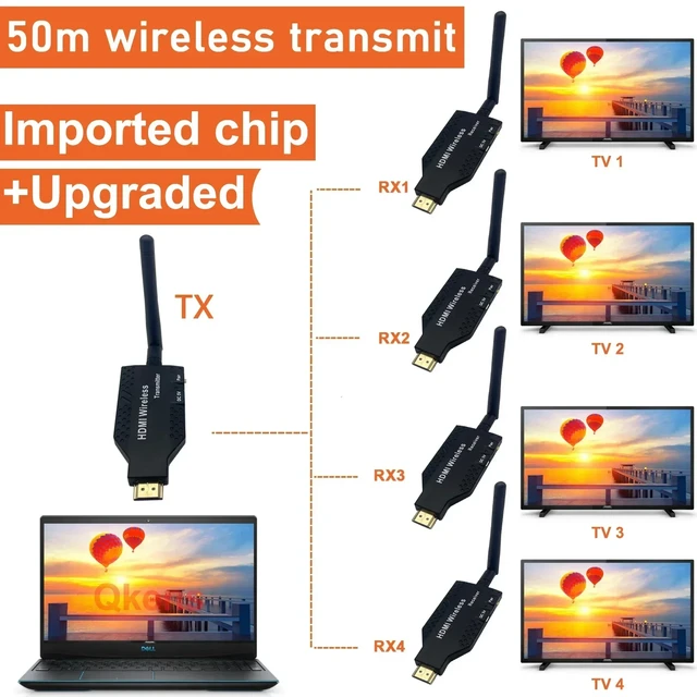 ワイヤレスHDMIエクステンダービデオ送信機および受信機,TVボックス用ディスプレイ,カメラ,ラップトップ,PCからTVモニター,プロジェクター,50m,  1〜2 3 4 1x4