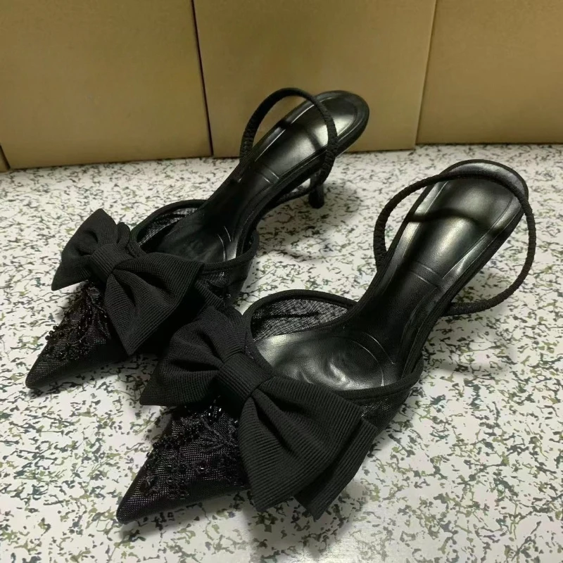 

Elegant High Heels Women Modern Sandals 2025 Summer Black Butterfly Knot Embroidered Mesh Slingback Black Party Dress Shoes
