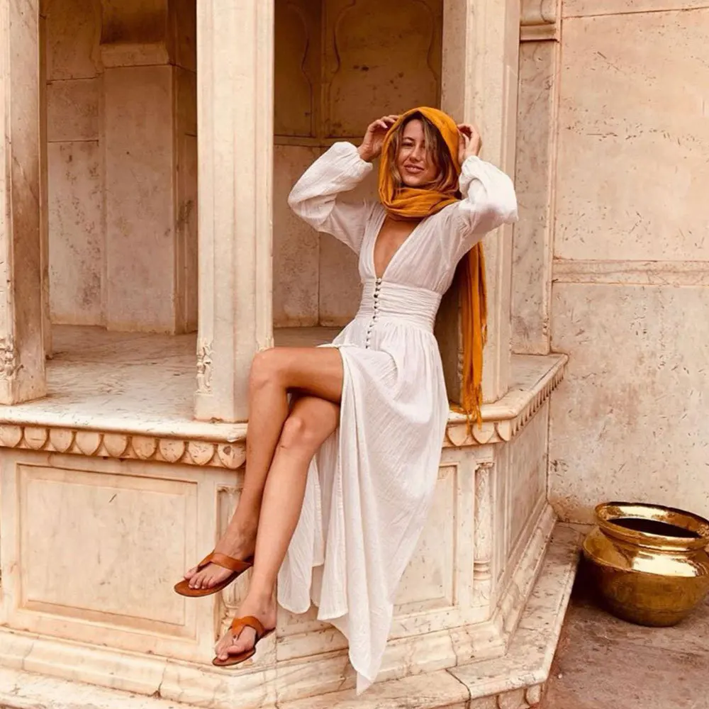 Summer Women Holiday Dress Sexy Button Deep V Shirt Dresses Female Long Sleeve Casual Oversize Elegant Clothes Ladies Vestidos