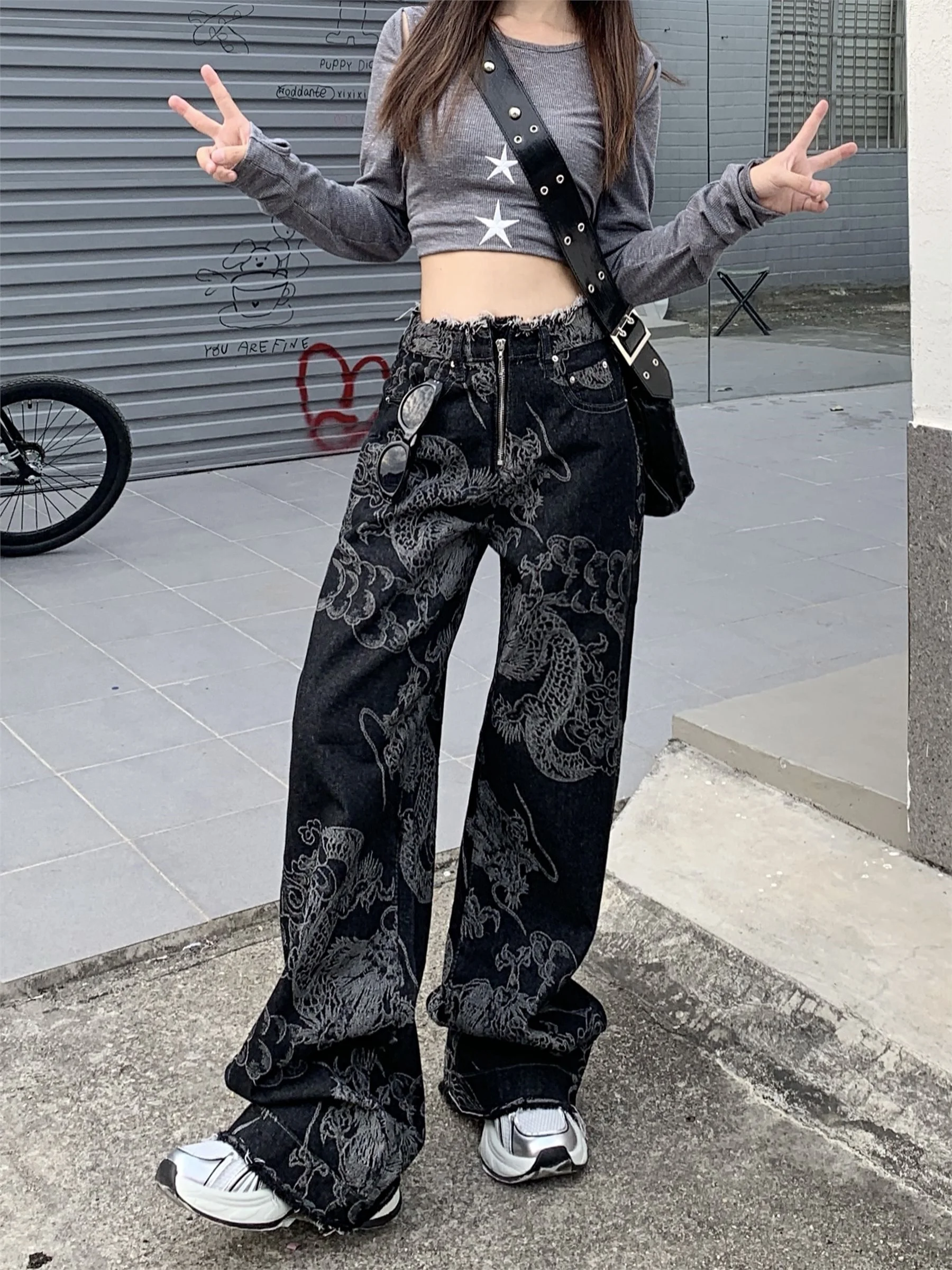 Punk Black Print Gothic Flare Jeans Women Low Rise Vintage Denim Pants Dark Academia Y2k Japanese Streetwear Goth Trousers
