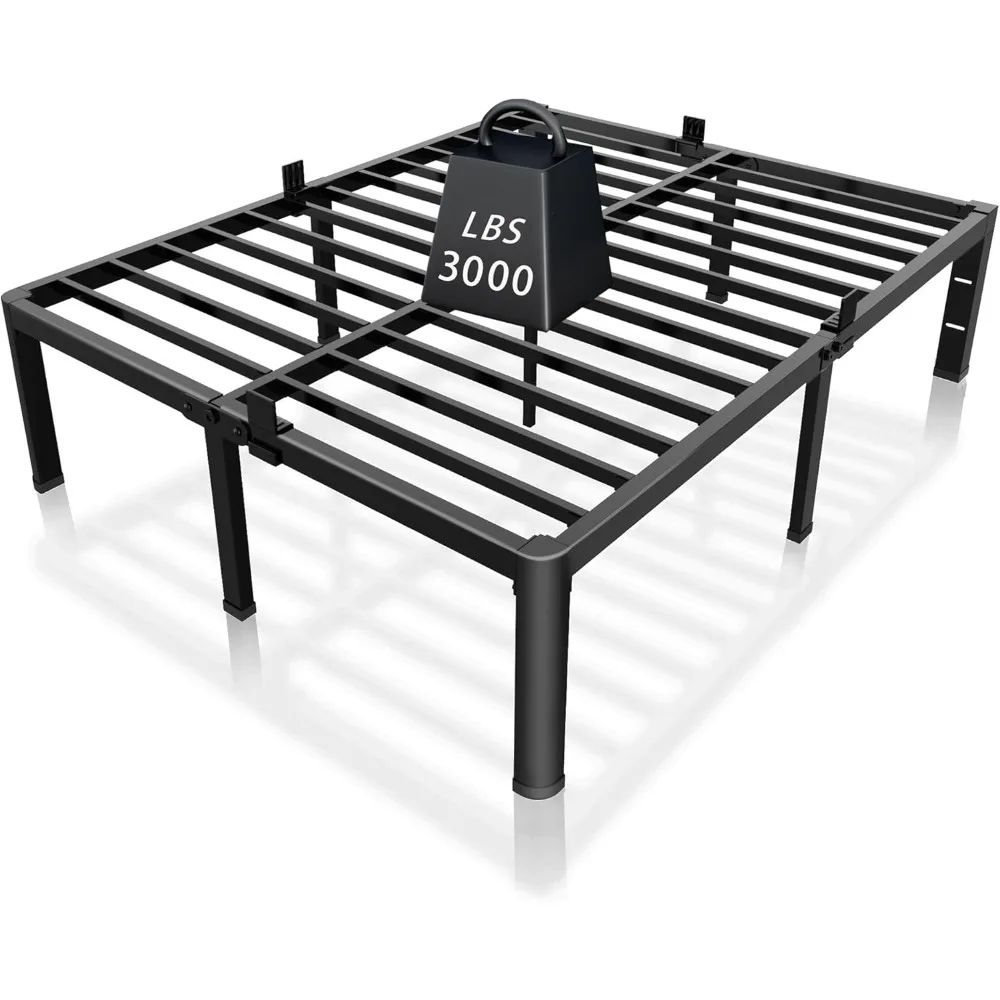 

14 inch King Size Bed Frame Metal Platform No Box Spring Needed with Headboard Hole Round Corner Legs Mattress Stoppers Ret