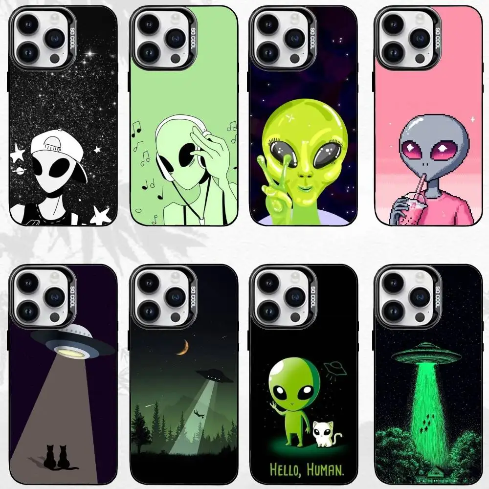 

Funny T-Thing S-Space UFO Alien Phone Case For iPhone17,16,15,14,13,12,11 Plus,Pro Max Black Matte Shockproof Cover