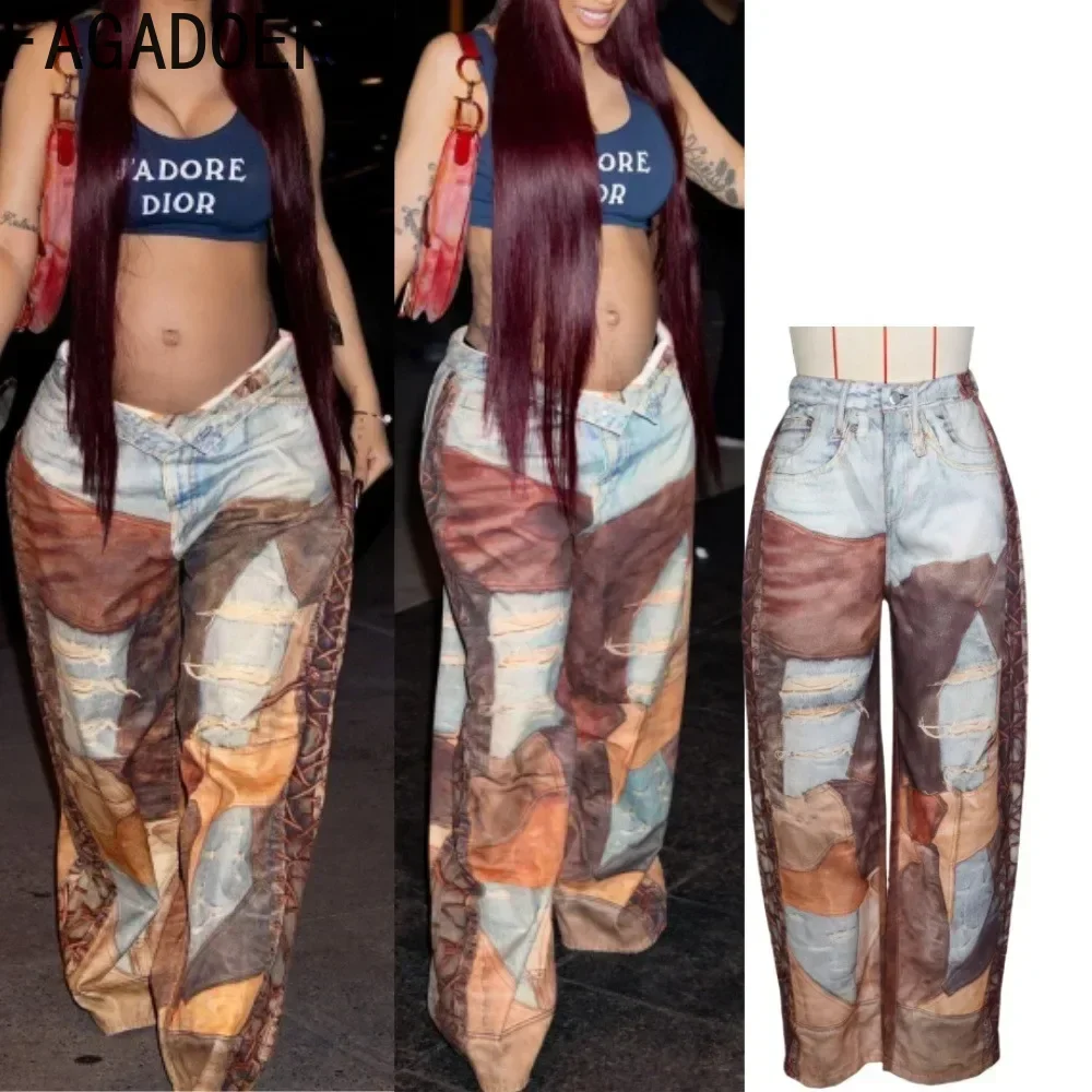 FAGADOER Retro Pants Women Printing Bandage Patchwork Loose Straight Leg Pant Hot Girl Streetwear Bottoms New Not Denim Fabric