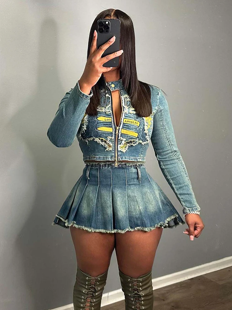 

Weird Puss Y2K Denim 2 Piece Set Women Fall Ripped Letter Embroidery Zip Jacket+Pleated Skirt Matching Street Hipster Outfits