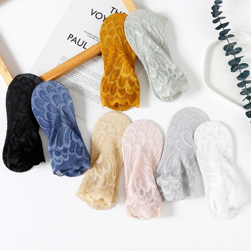 5 Pairs Women Lace Flower Mesh Socks Non-slip Invisible Liner Sock Female Elastic Comfy Thin Transparent Breathable Ankle Socks