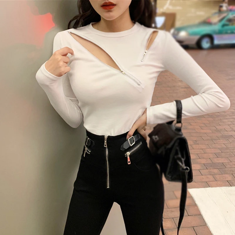 Casual Ladies Tops Zipper Sexy Bottoming Shirt Solid Color Korean Version Crew neck top Short Slim fit t-shirt