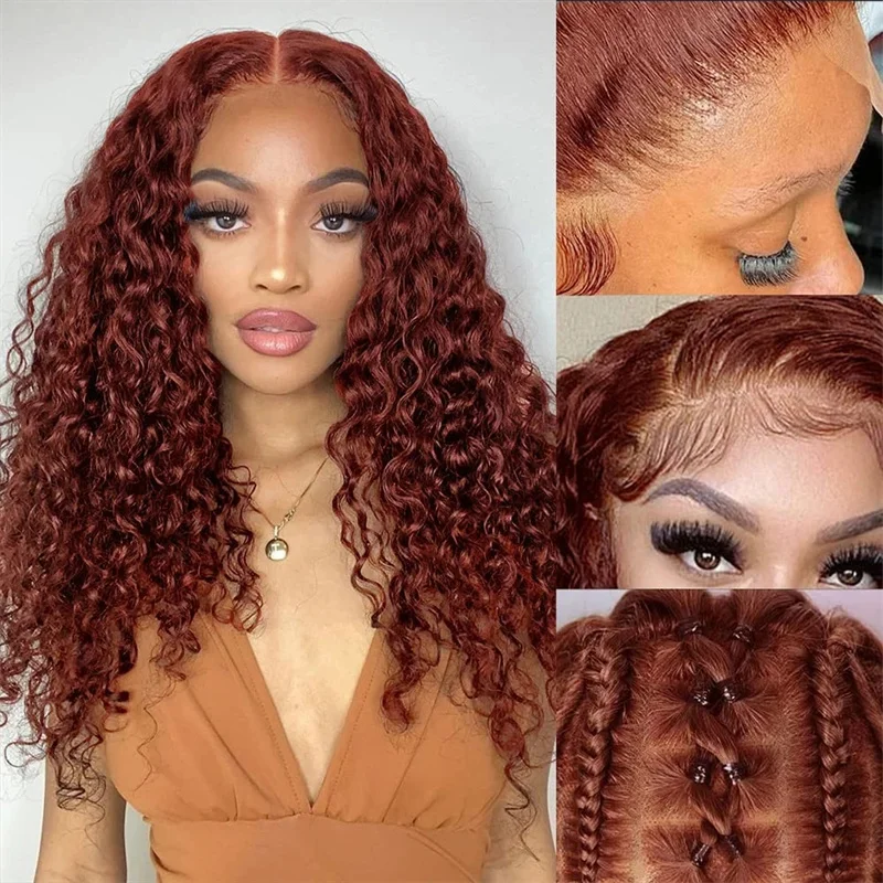 250 High Density Kinky Curly Reddish Brown Curly Wigs 360 HD Full Lace Frontal Wig 100% Remy Gluess Wigs Human Hair For Women