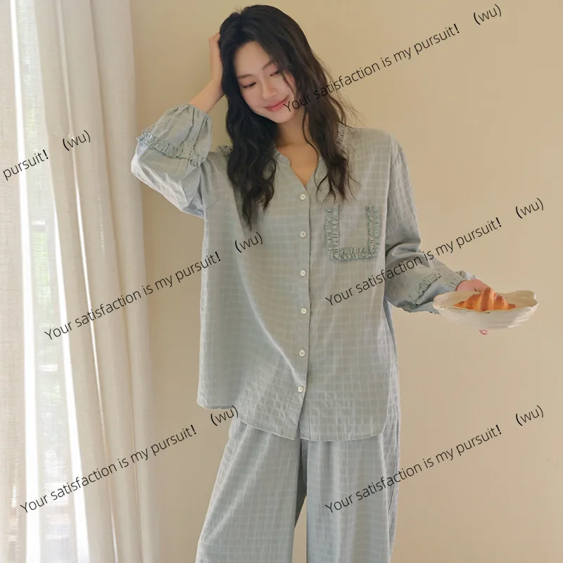 

Long-sleeved pajamas women's spring and autumn casual lazy wind large-size woven cotton can be worn outside loungewear set
