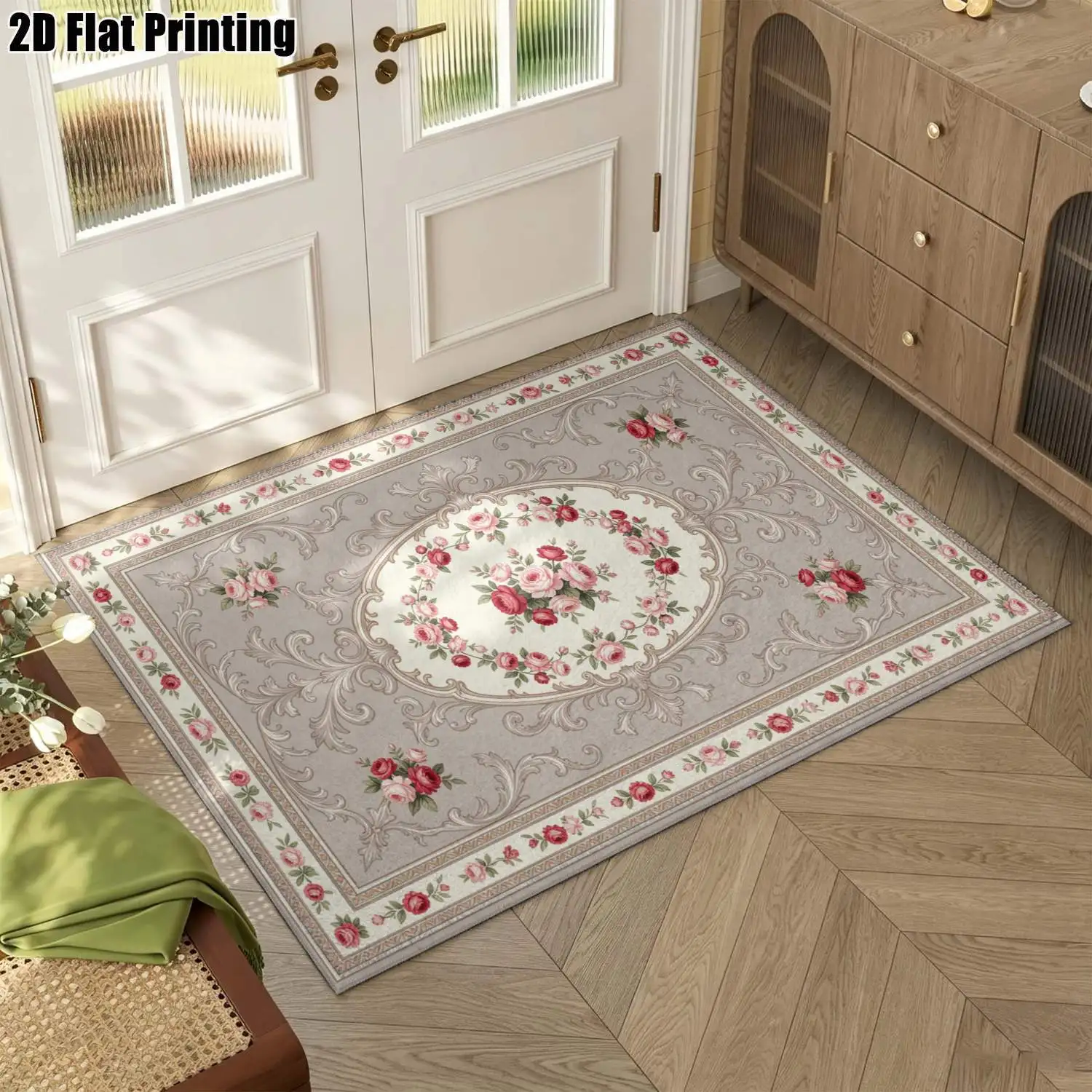 1Pc 2D Printed Carpet: Pink & Brown Rose Floral, European Retro Decor Mat, Machine Washable, Multi-Size for Multi-Scene Use