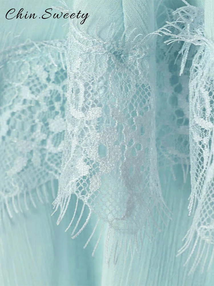 Sexy renda emendada sling topos feminino solto azul com decote em v sem mangas suspensórios plissados feminino 2025 verão senhora all-match roupas novas