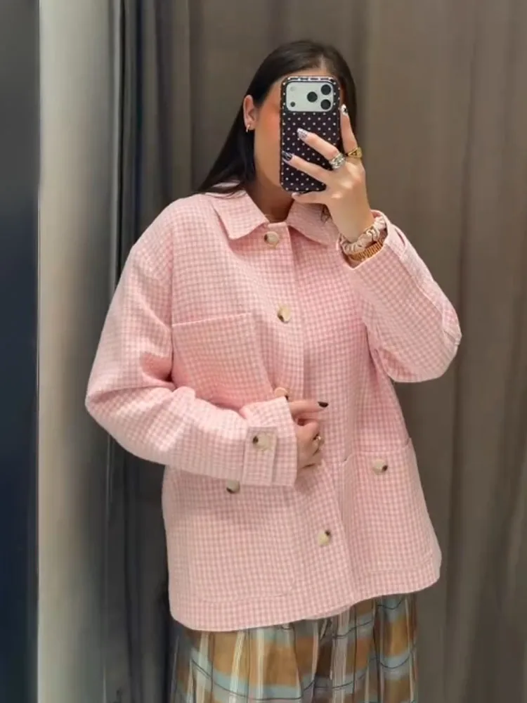 

HH Woman Casual Commuting Shirt 2026 Women Loose Pink Plaid Long Sleeves Lapel Single Breasted Pocket Decoration Fashion Top