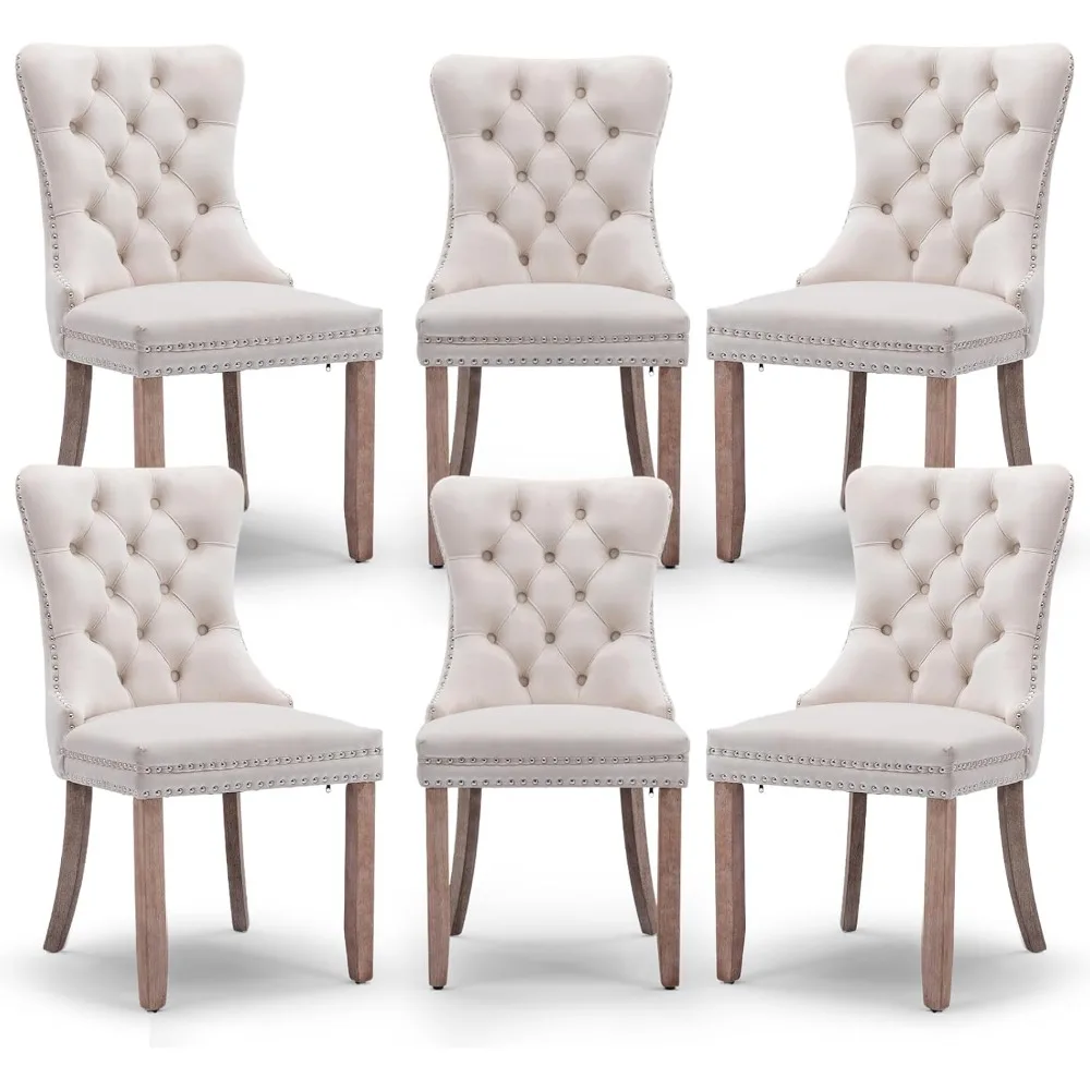 طقم كراسي طعام مخملية مكون من 6 كراسي منجدة لغرفة الطعام مع كراسي جانبية للمطبخ مع زخرفة رأس الأظافر وأرجل خشبية