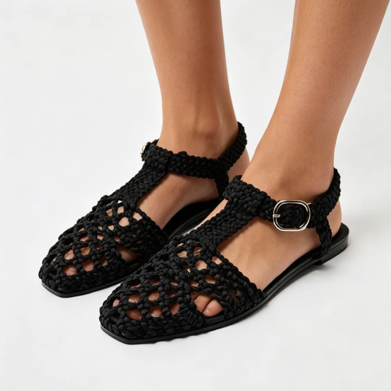 

Women's Crochet Design Flat Sandals Square Toe Hollow Out Woven T-Strap Sandals Buckle Ankle Strap Casual Summer Mesh Shoes