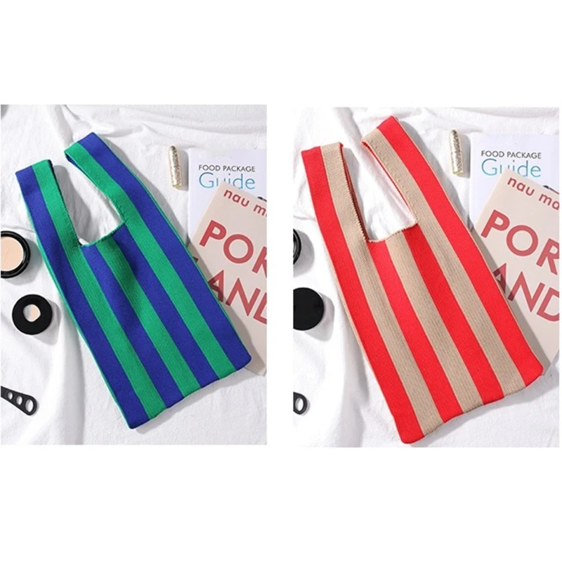 E74B Handle Handbags Women Shopping Bag Foldable Stripe Printing Casual for Totes